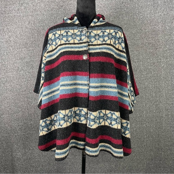 Vermont Country Store Wool Hooded Poncho Jacket Aztec Western Stripe Cabin S/M - Picture 2 of 13